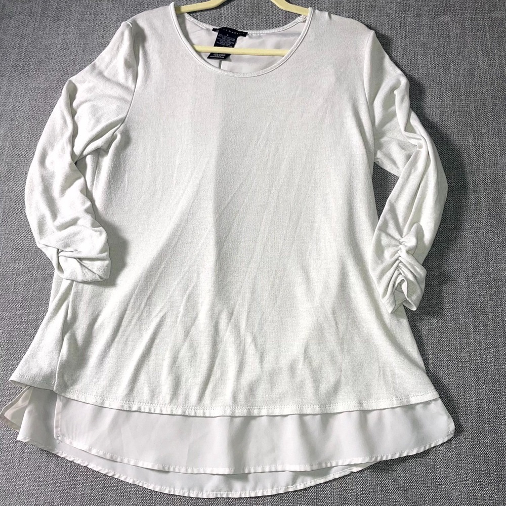Grace Elements Tunic Top Women's L White Lined Stretch Ruched Sleeve Round Neck